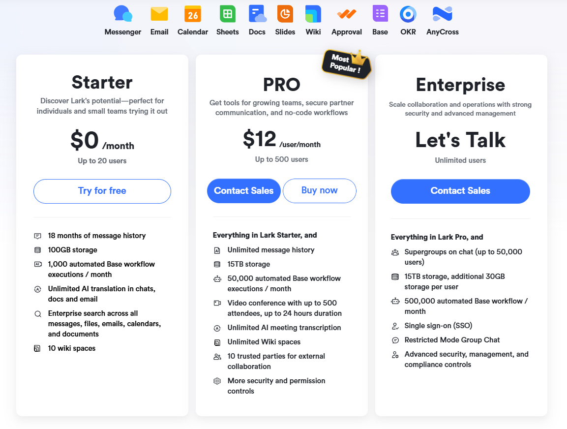 Lark Starter (Free Plan) vs. Lark Pro & Enterprise