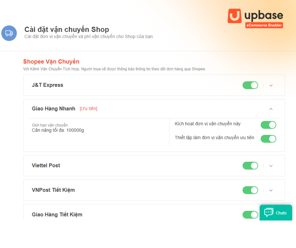 Cài đặt vận chuyển shop