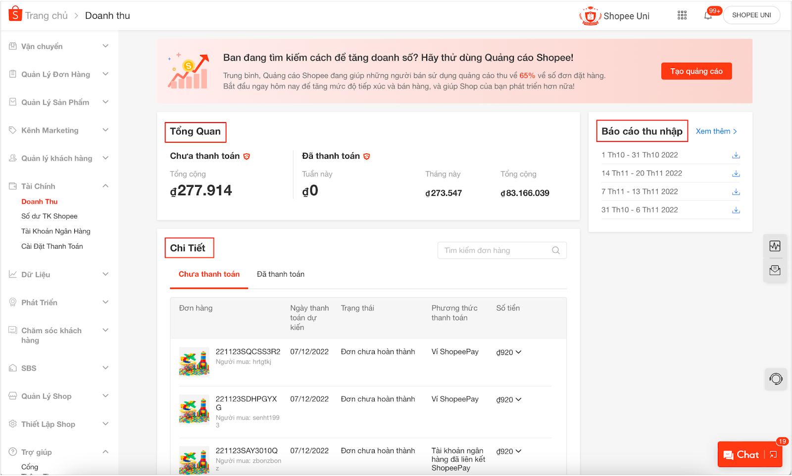 Mục Báo cáo thu nhập tại Kênh Người bán Shopee