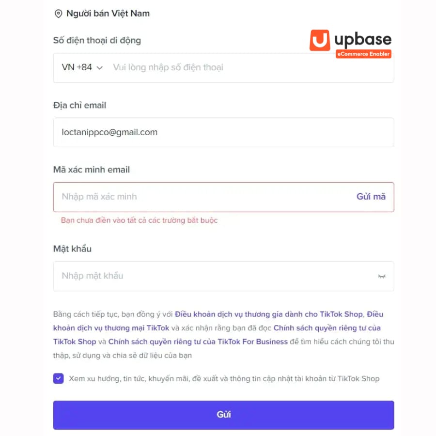 Đăng ký TikTok Shop bằng Email