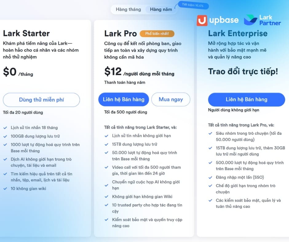 Bảng giá Lark Suite tham khảo