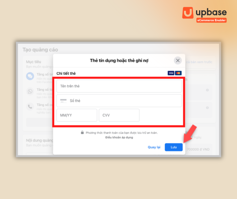 Điền thông tin thẻ thanh toán rồi nhấn “Lưu”