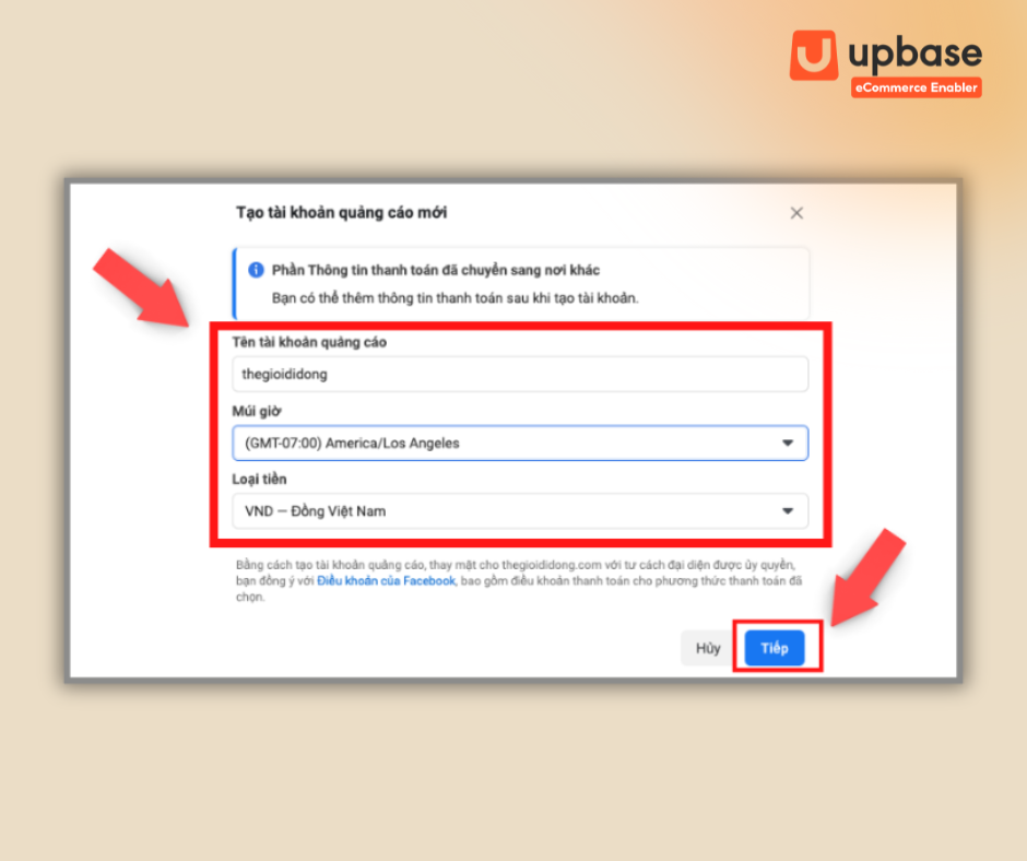 Điền thông tin tài khoản quảng cáo rồi nhấn “Tiếp”