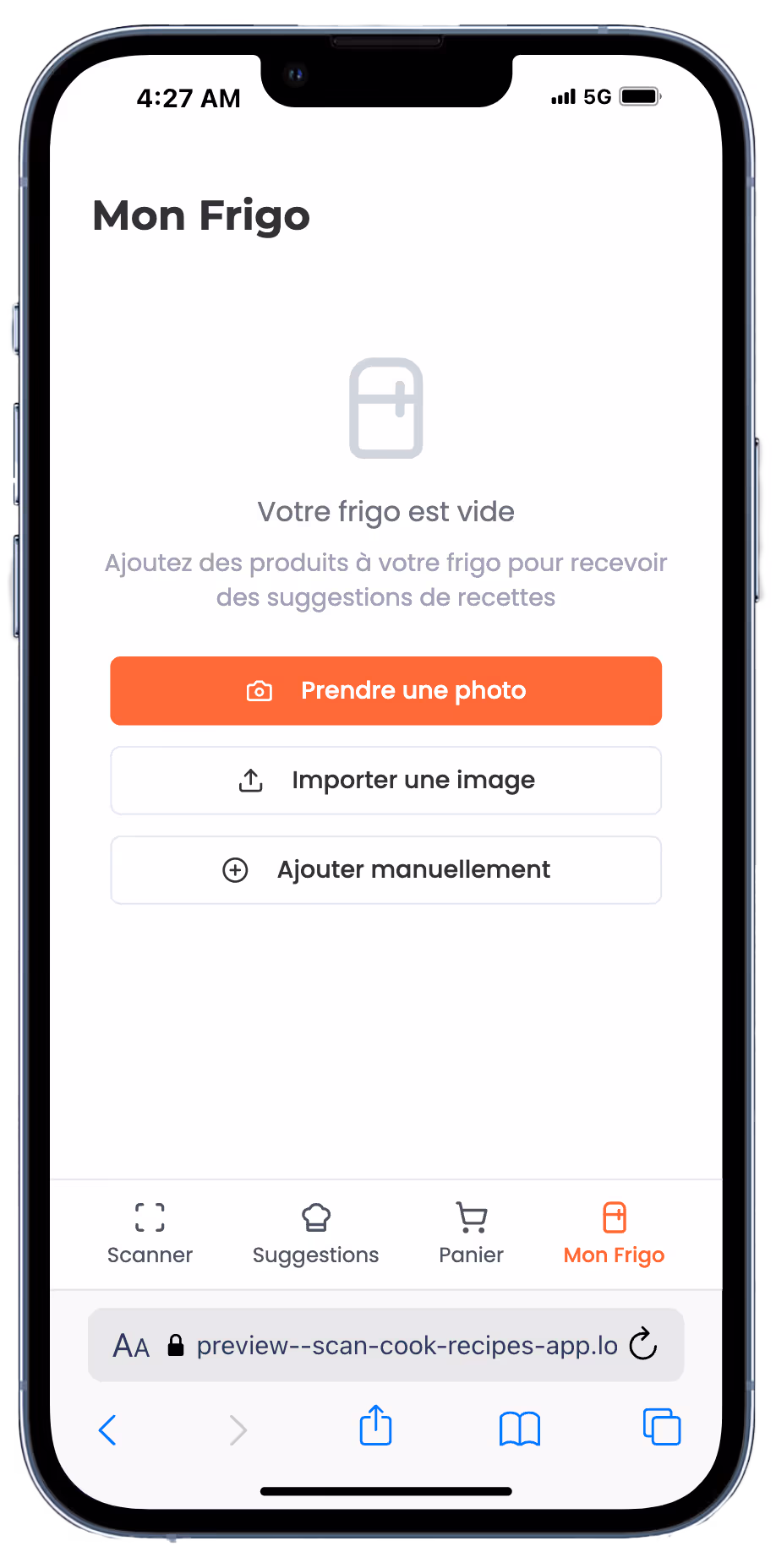 mobile wireframe showing the fridge user interface