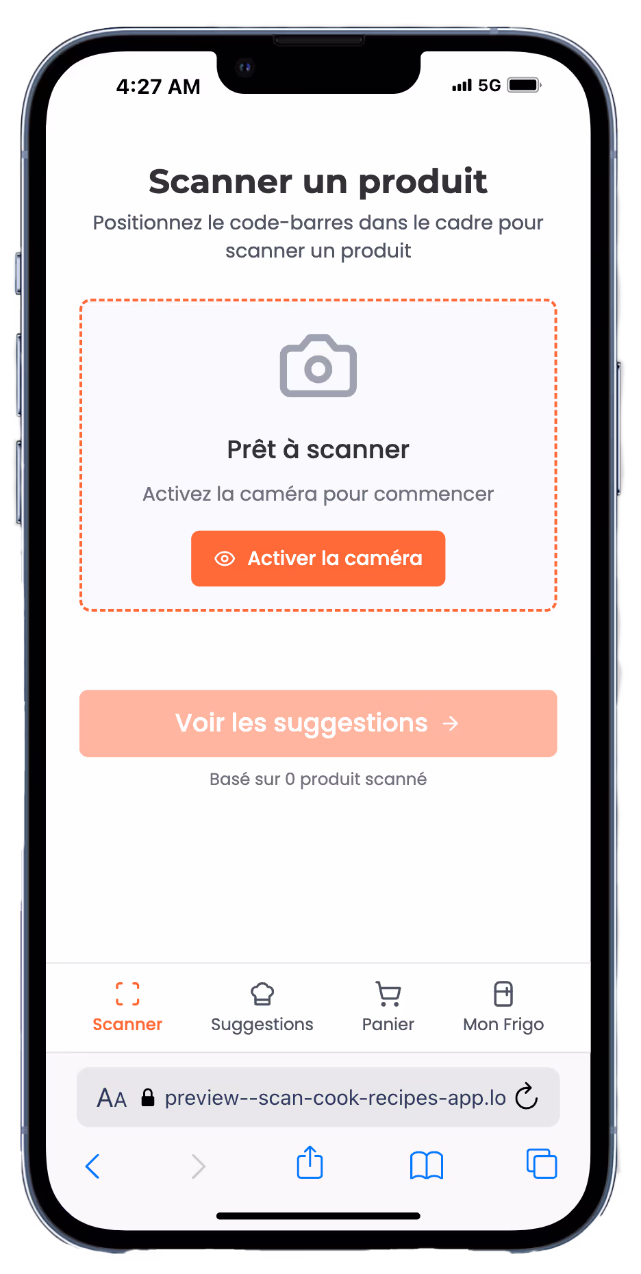 mobile wireframe showing the product scanner user interface