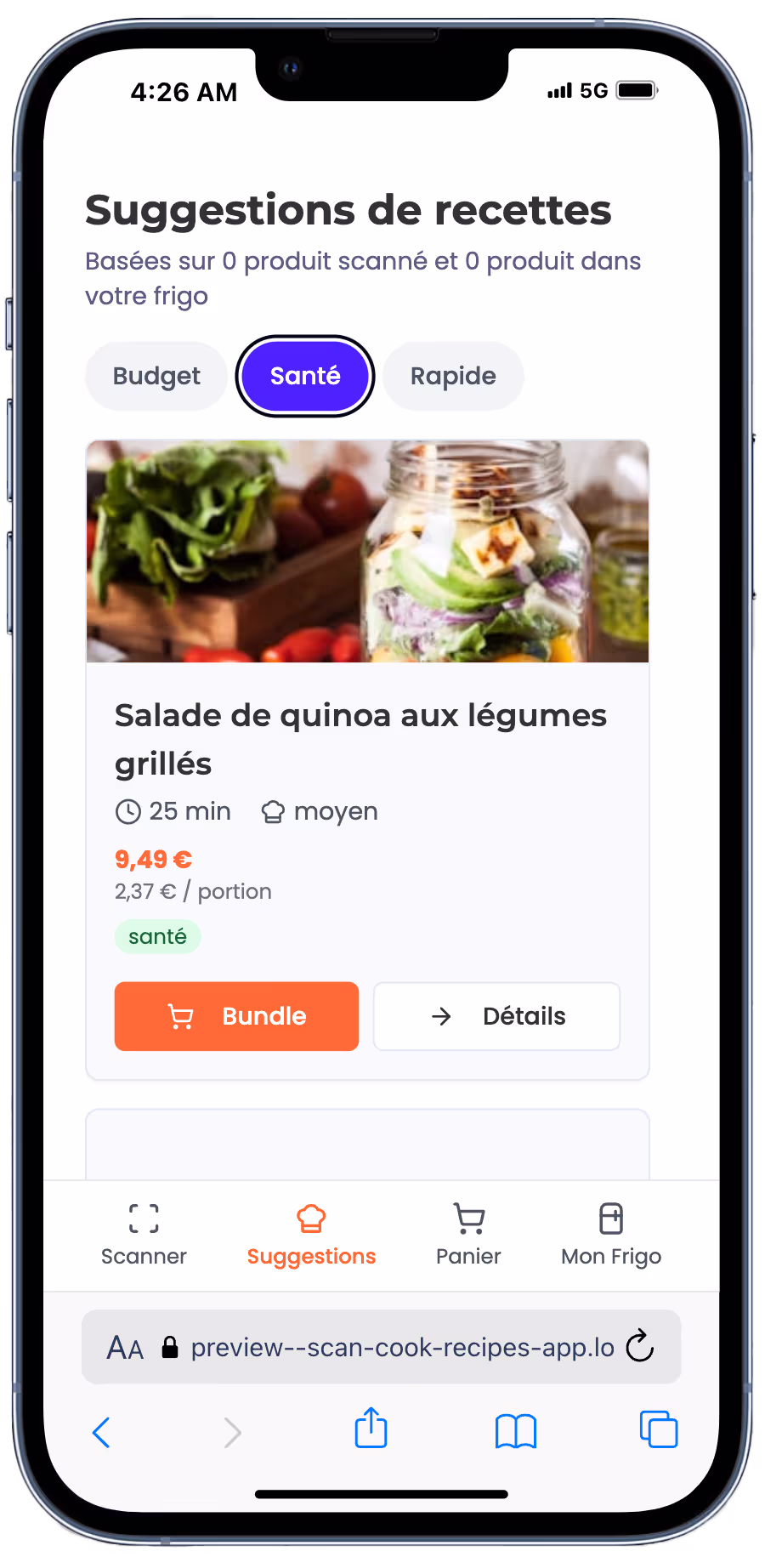 mobile wireframe showing the recipe recommendations user interface