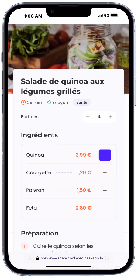 mobile wireframe showing the product recipe user interface