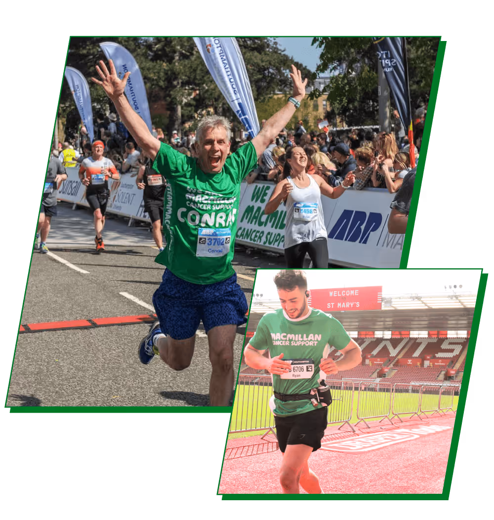Two runners wearing green Macmillan Cancer Support shirts, one joyfully jumping across the finish line during a race, and another running on a stadium track.