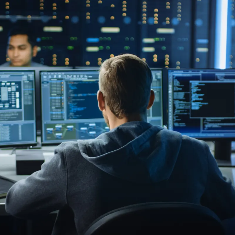Man in a hoodie working on multiple computer monitors displaying code in a dark data center.