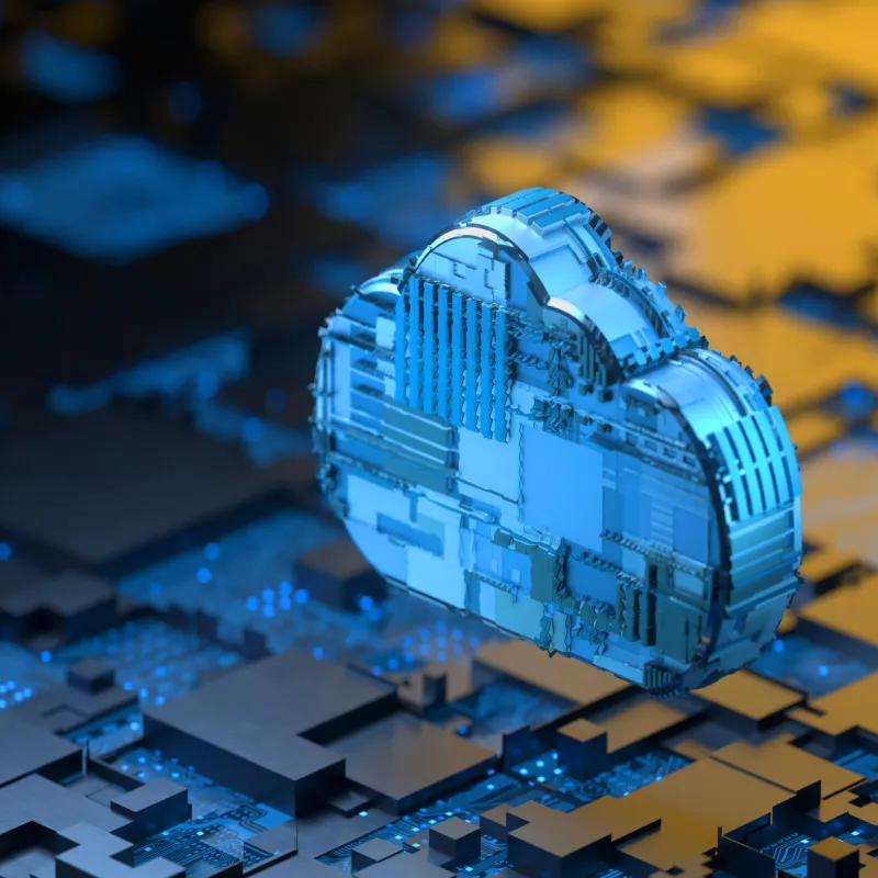 Blue 3D cloud icon with circuit board texture floating over a dark circuit board background with blue and orange lighting.