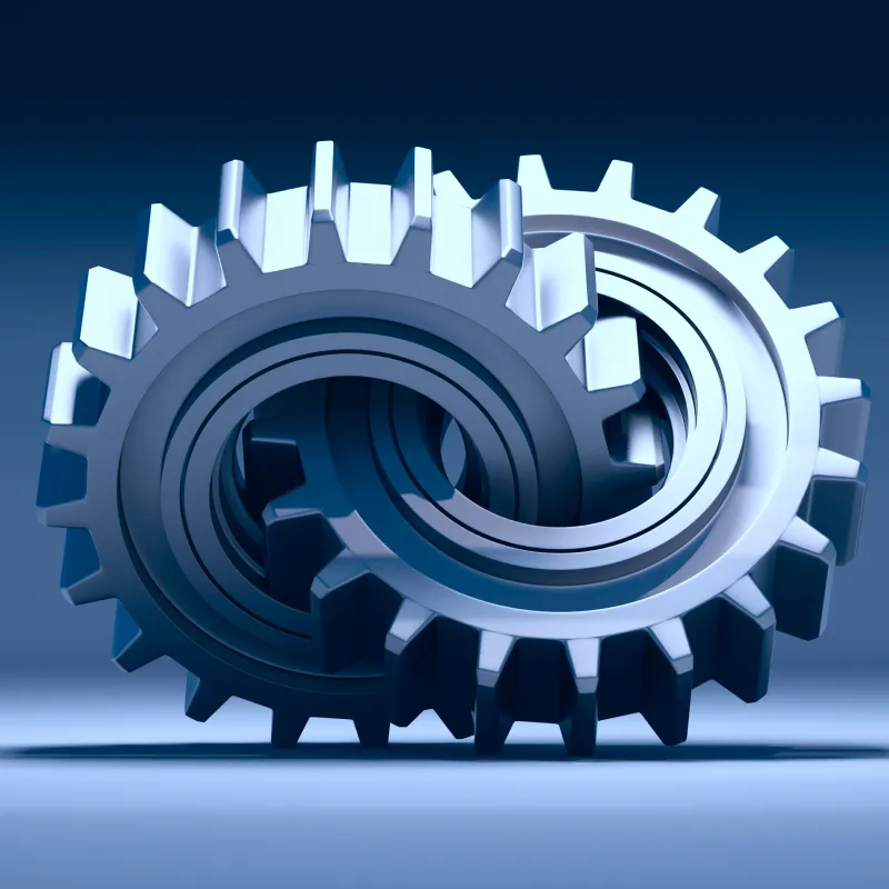 Two interlocked metallic gears with reflective surfaces on a gradient blue background.