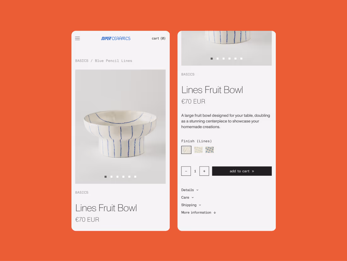Two mobile screens showing a ceramic product page for a Lines Fruit Bowl, featuring a white bowl with blue vertical lines and options to select finish and add to cart.