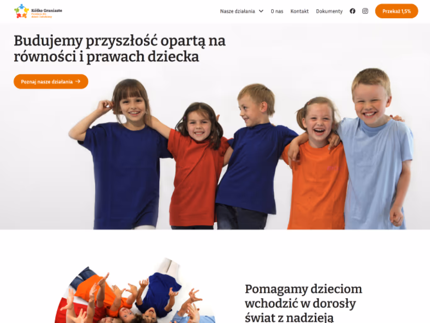Five smiling children standing arm in arm, wearing colorful shirts against a white background.