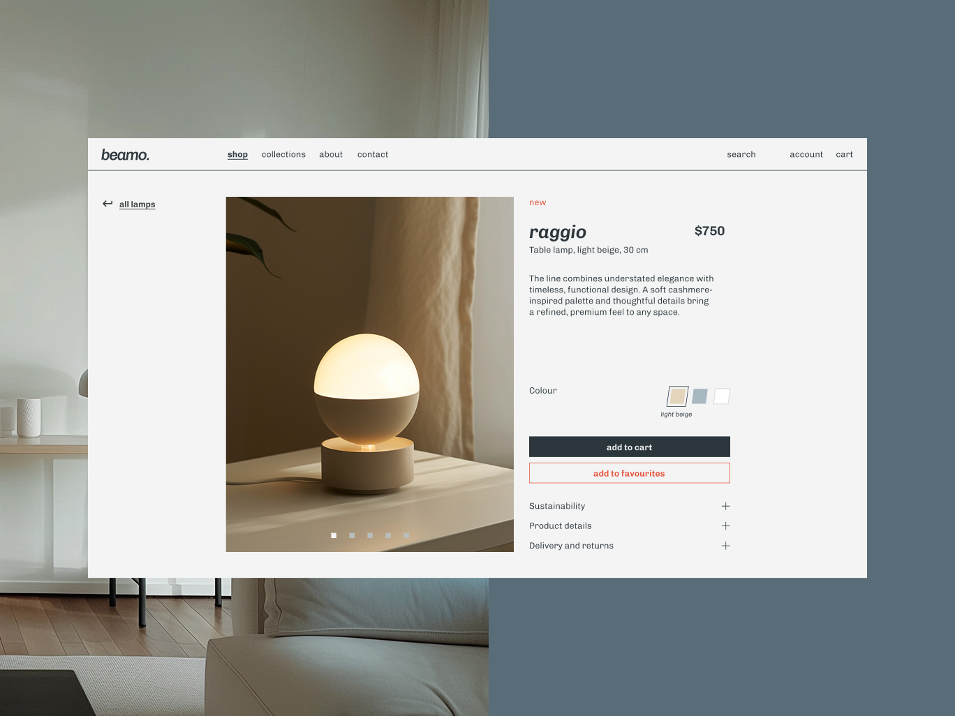 Online shop page displaying the raggio table lamp in light beige, priced at $750, with product details and color options.