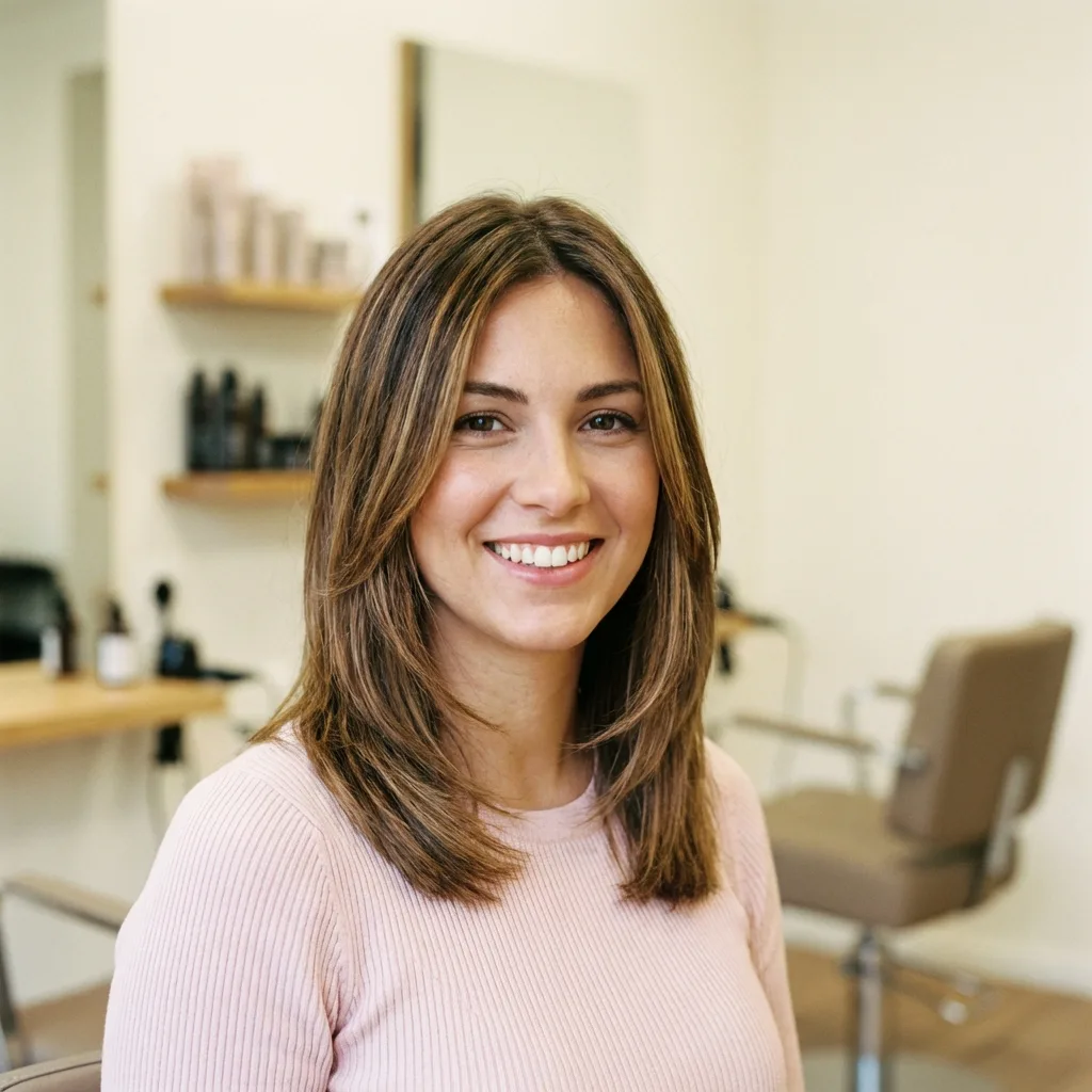 Zufriedene Kundin Daniela bei Glow Stories Friseur Hannover.