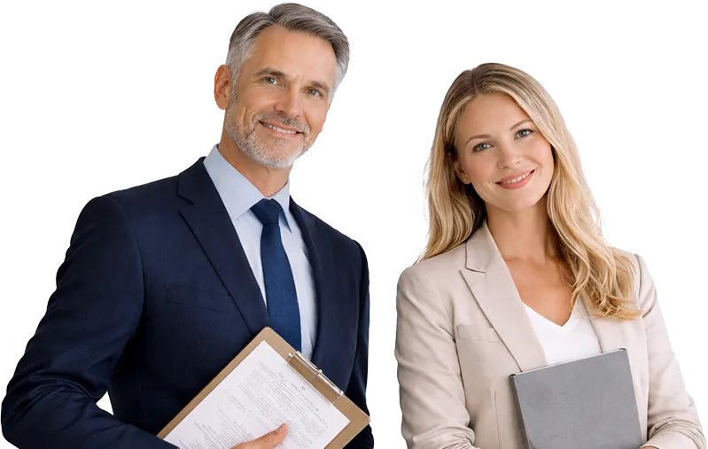 Smiling professional man in a dark suit holding a clipboard and woman in a beige blazer holding a folder.