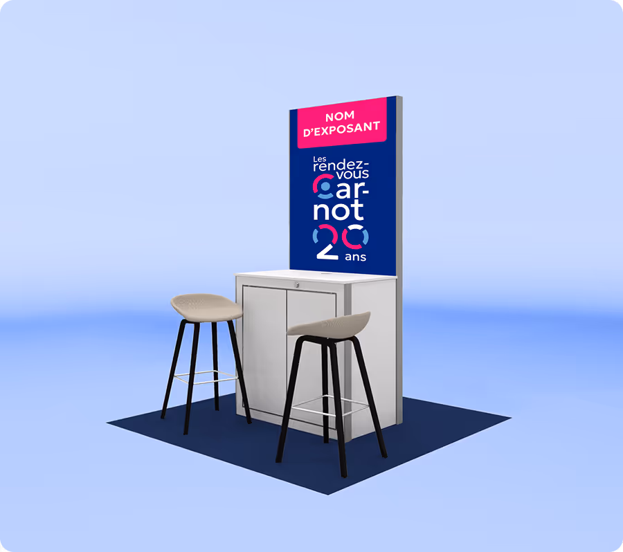 Stand d'exposition avec deux tabourets et panneau Les rendez-vous Carnot 20 ans.