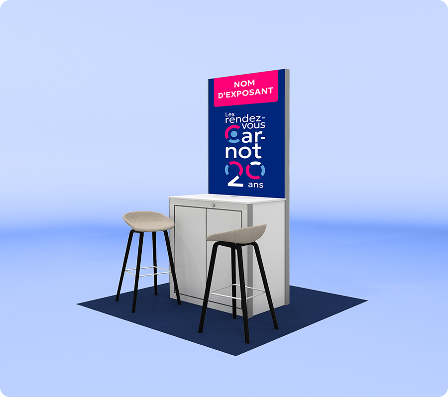 Stand d'exposition avec deux tabourets et panneau Les rendez-vous Carnot 20 ans.