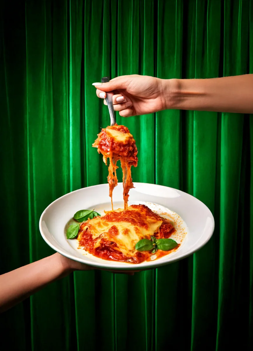 AI-generated image of one hand holding a plate of lasagna and another hand grabbing some lasagna with a fork with green curtain in the background