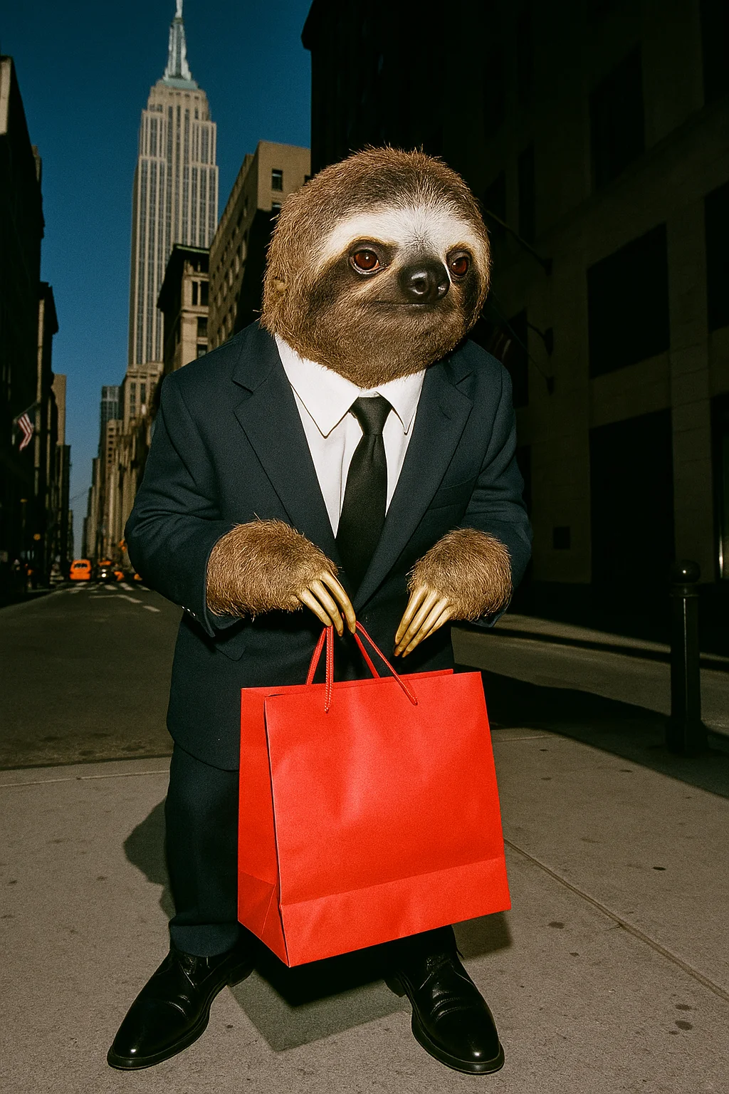 AI-generated image with a sloth elegantly dressed with a black suit, black shoes, and black tie with a red bag in its paws walking down the streets of New York