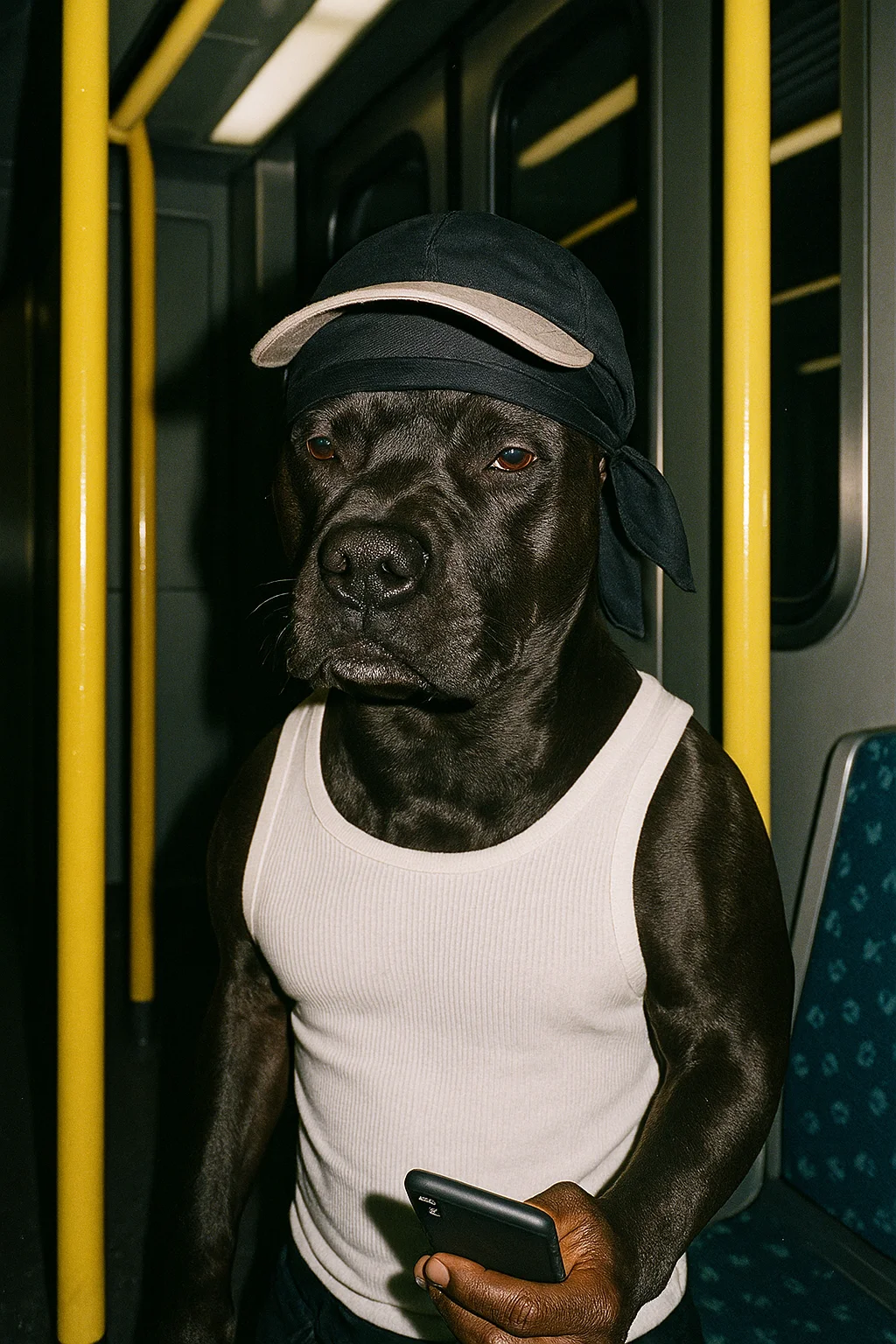 AI-generated image of a pitbull standing in the metro with smartphone in his hands with a white shirt and a hat