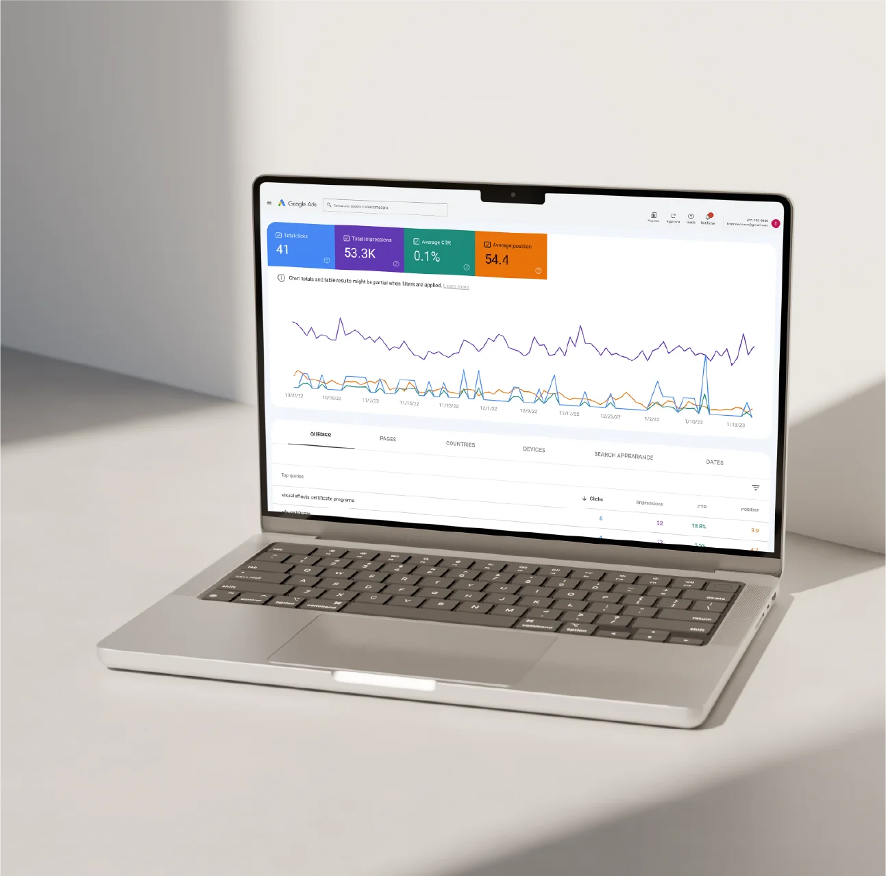 Mac su sfondo neutro con browser aperto nella pagina di Google Search Console che mostra alcuni grafici e statistiche