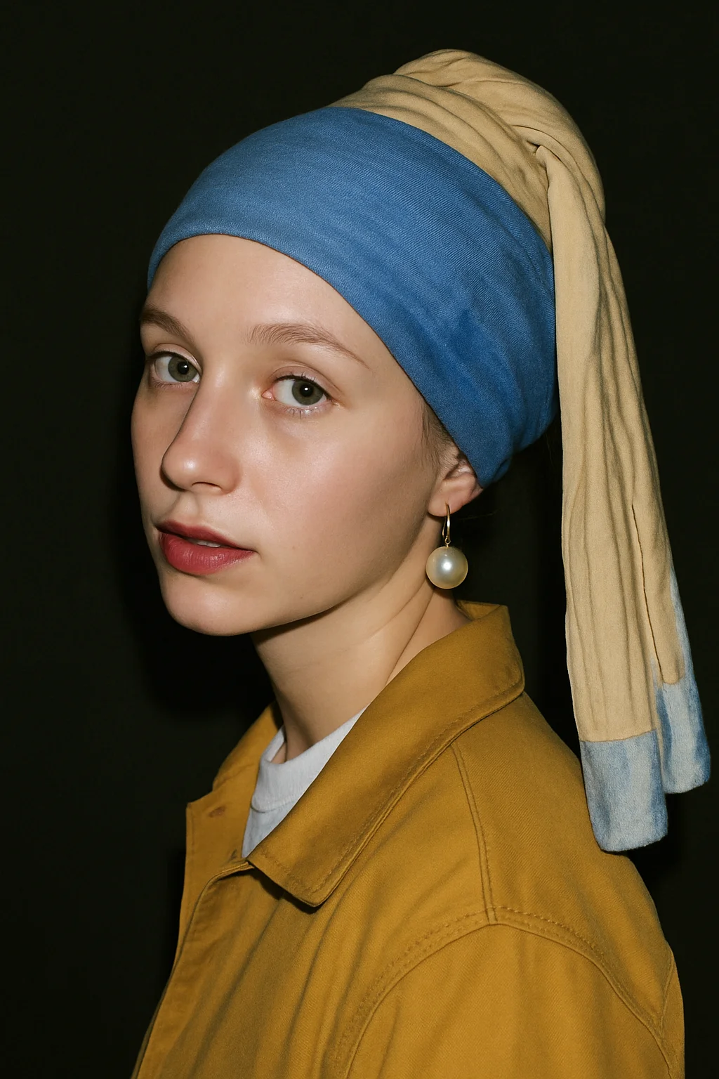AI-generated image that reproduces the famous Vermeer's painting "Girl With a Pearl Earring"