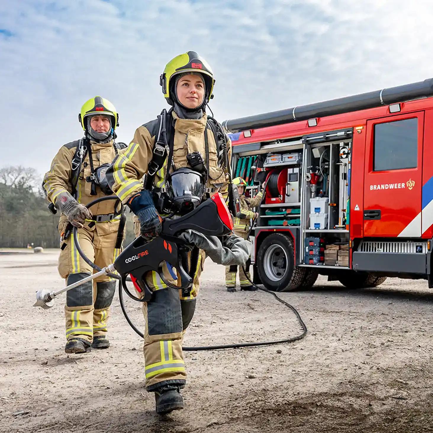 Brandweerlieden lopen met het Coolfire-systeem weg van het blusvoertuig, klaar voor inzet. De compacte, ergonomische lans en hogedrukslang tonen de eenvoud en flexibiliteit van het systeem bij basisbrandbestrijding.