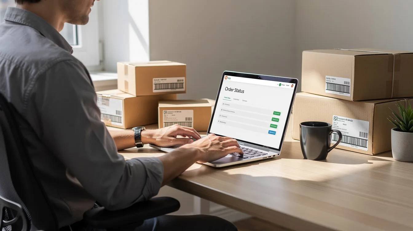 A customer is sitting at a desk, using a laptop next to several delivery parcels, possibly engaging with an online interface to confirm a withdrawal or manage returns. The scene illustrates the convenience of e-commerce and the importance of consumer rights, reflecting the withdrawal process under EU law.