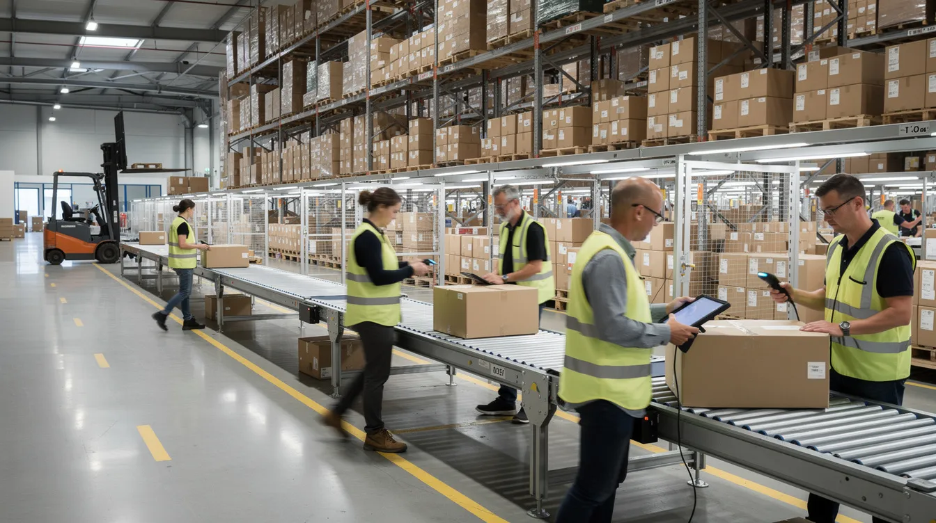 The image shows a modern warehouse with several people efficiently handling parcels, sorting them for delivery. This bustling environment highlights the importance of a seamless returns process and consumer rights, reflecting the requirements set by EU law for online retailers and their customer service teams.