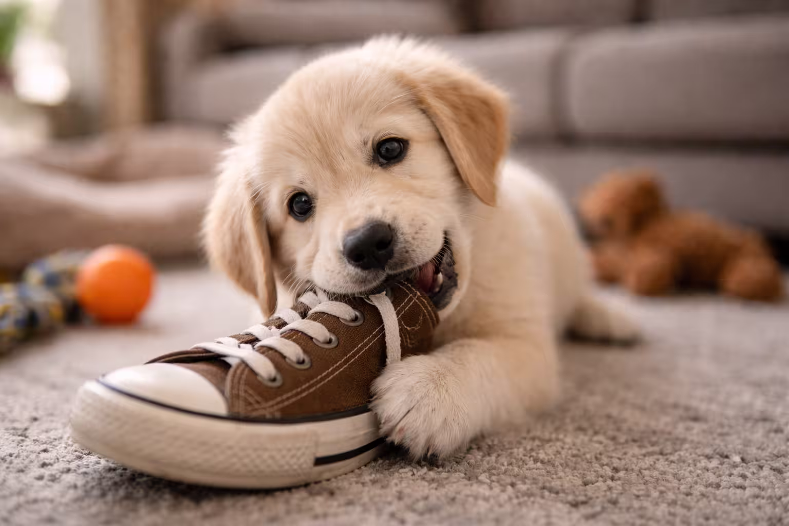A cute puppy golden retriever chewing a converse all star like shoe.