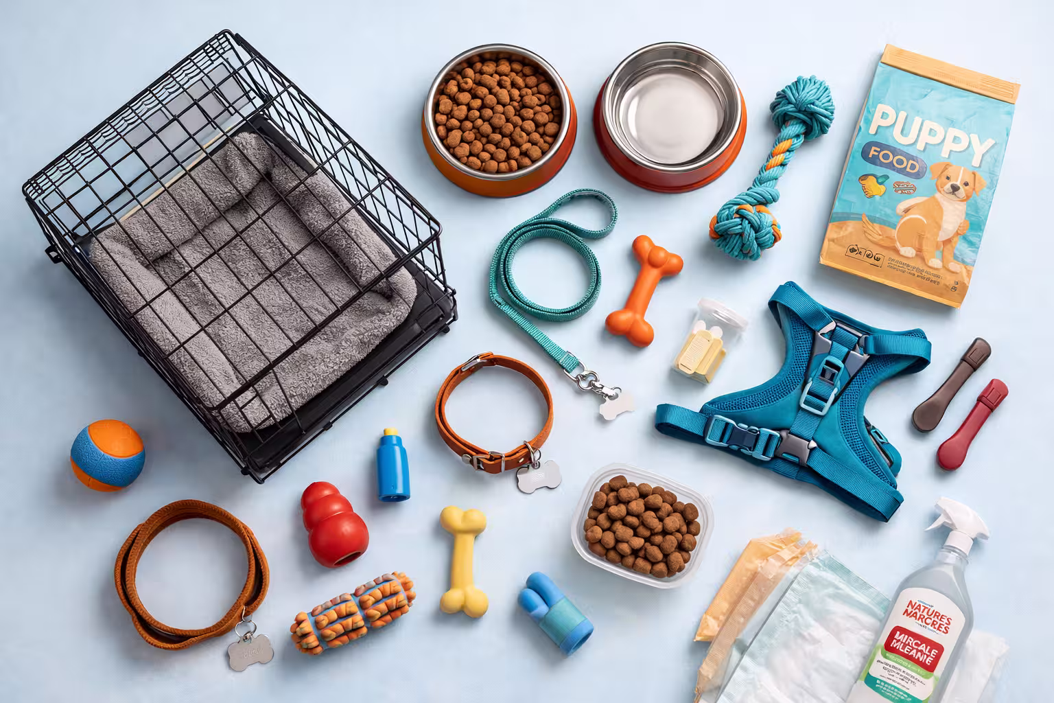 puppy supplies checklist items including crate leash toys bowls