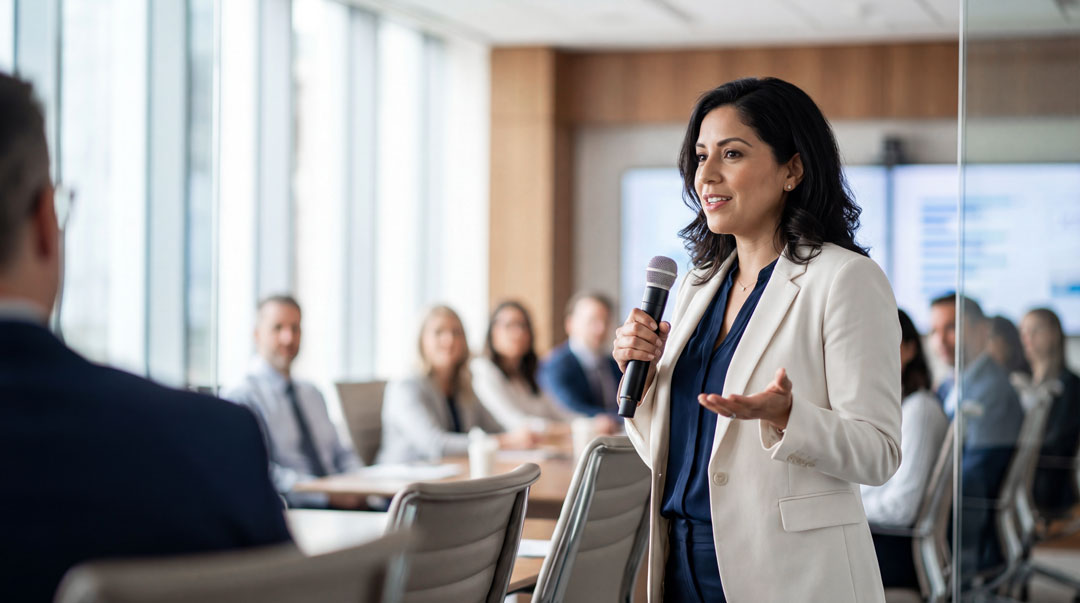 women speaking up with a microphone in a modern conference room
