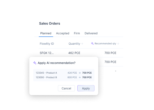 Flowlity collaborative planning showing sales orders with apply AI recommendation prompt