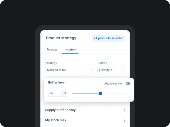 Flowlity MEIO product strategy settings with buffer level slider and make to stock configuration