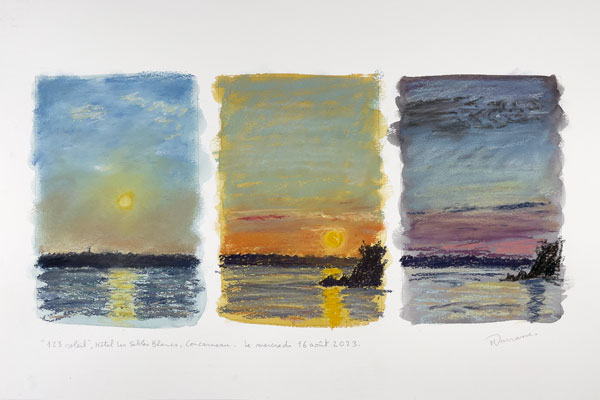 Triptyque pastel sec — vue de l'Hôtel Les Sables Blancs, Concarneau — Mardi 15 août 2023 — Matthieu Darrasse