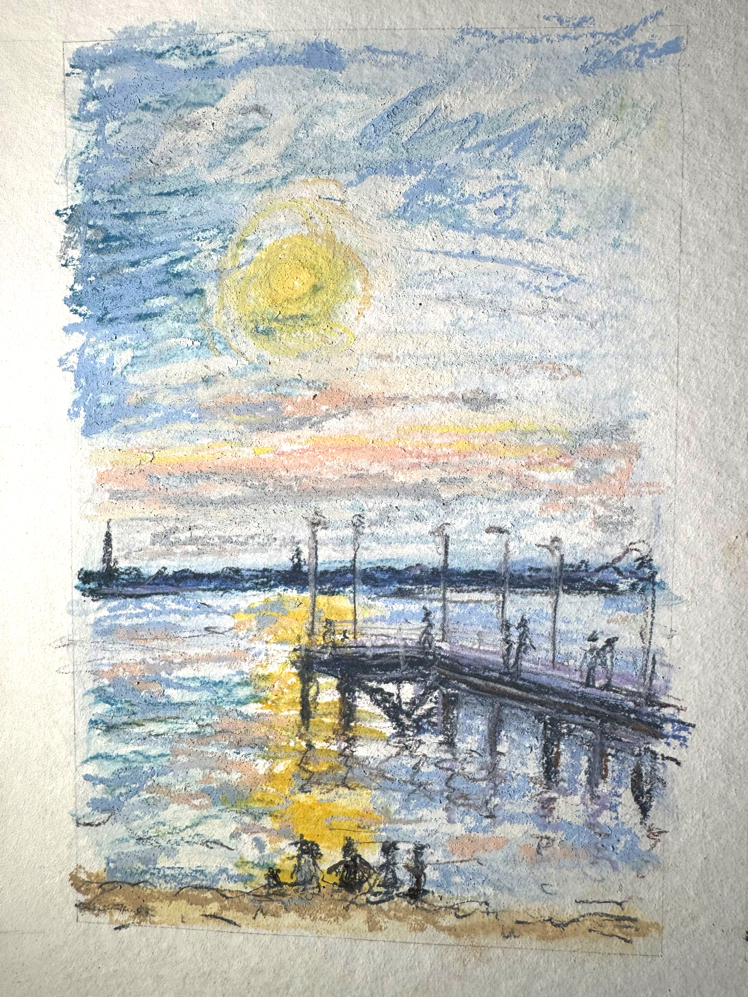 Triptyque pastel sec — vue sur la jetée du Moulleau, Arcachon — Vendredi 22 mai 2026 — Matthieu Darrasse