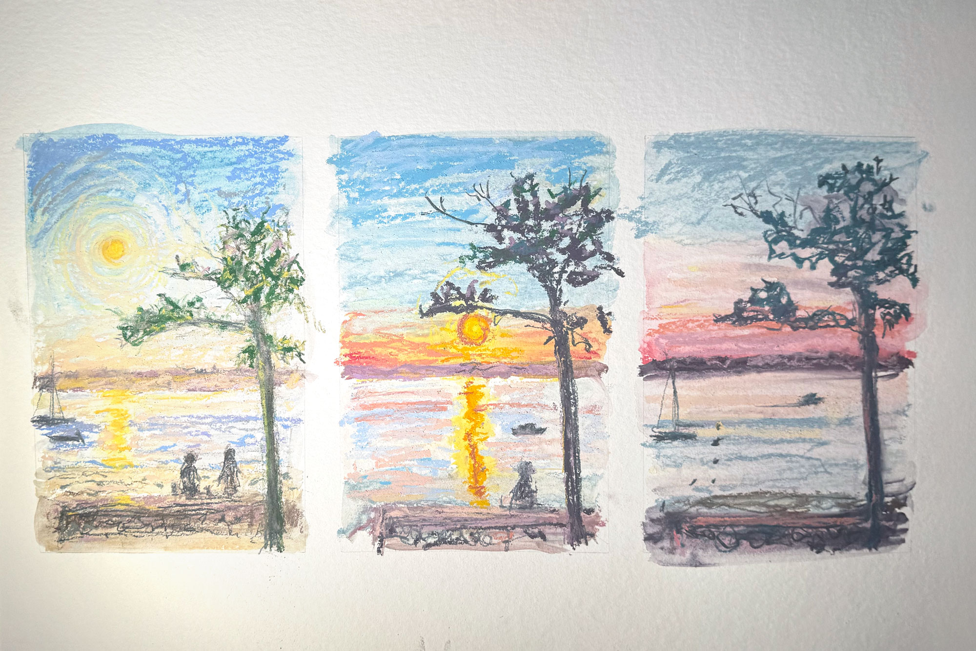 Triptyque pastel sec — vue d'Arbousiers, devant le restaurant Le Bikini — Samedi 23 mai 2026 — Matthieu Darrasse