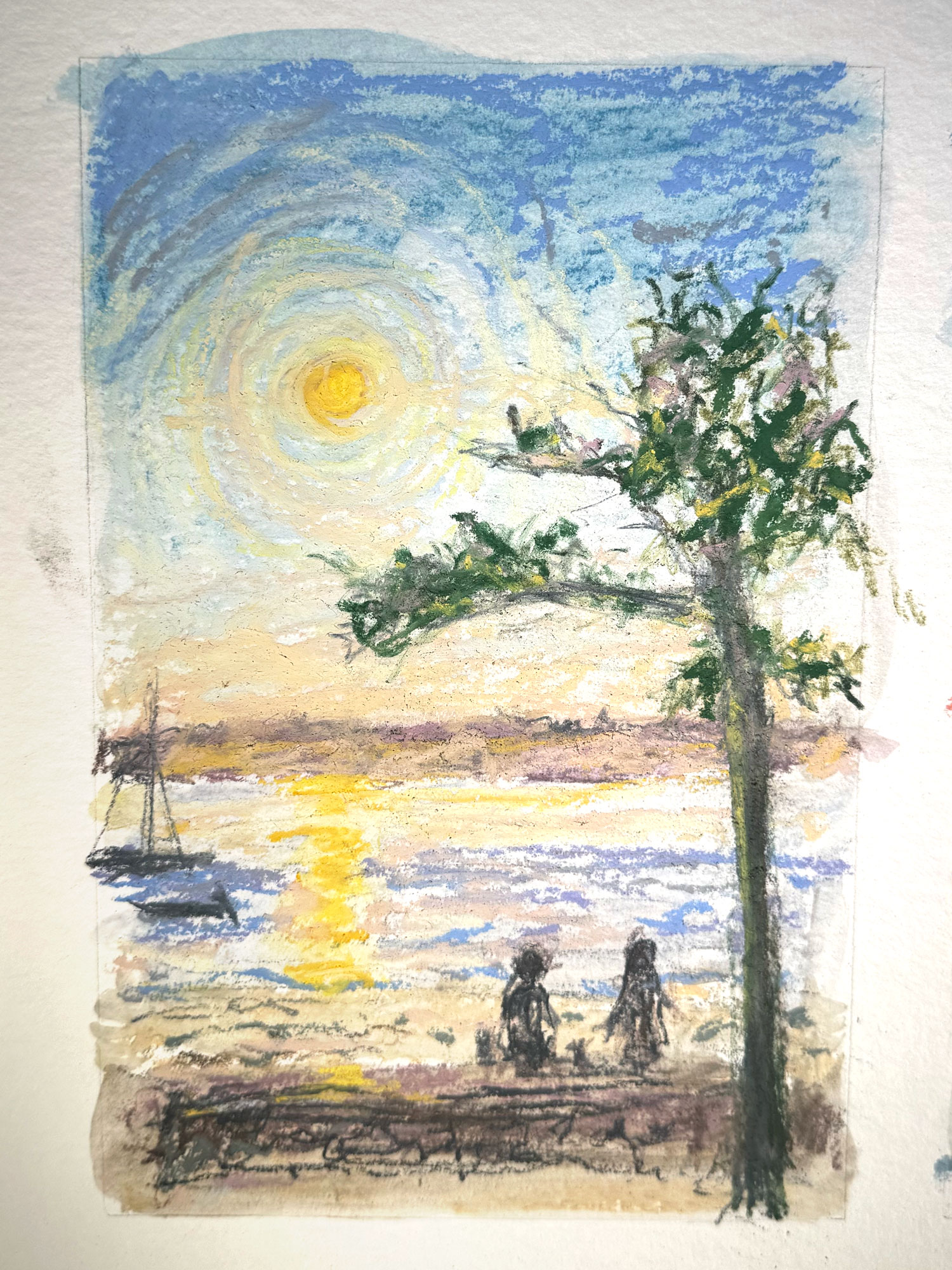 Triptyque pastel sec — vue d'Arbousiers, devant le restaurant Le Bikini — Samedi 23 mai 2026 — Matthieu Darrasse