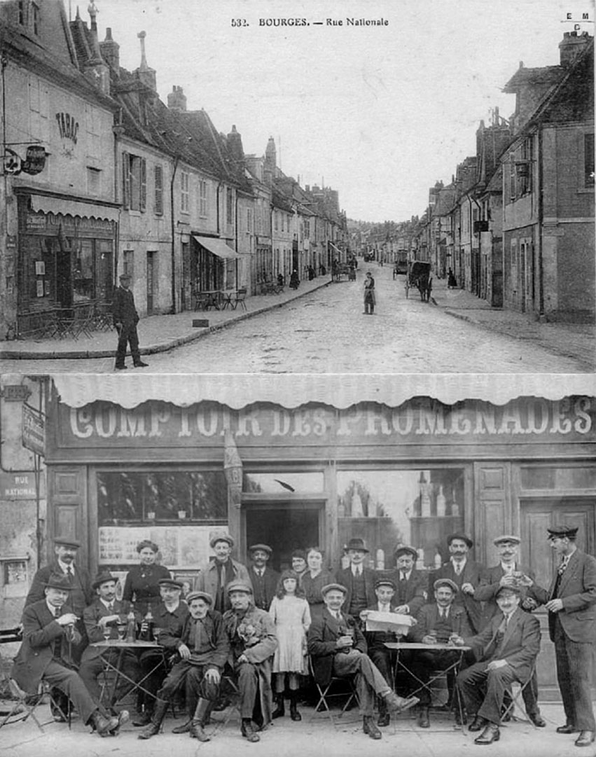 Cartes postales anciennes de la rue Nationale à Bourges : le café-tabac et sa terrasse
