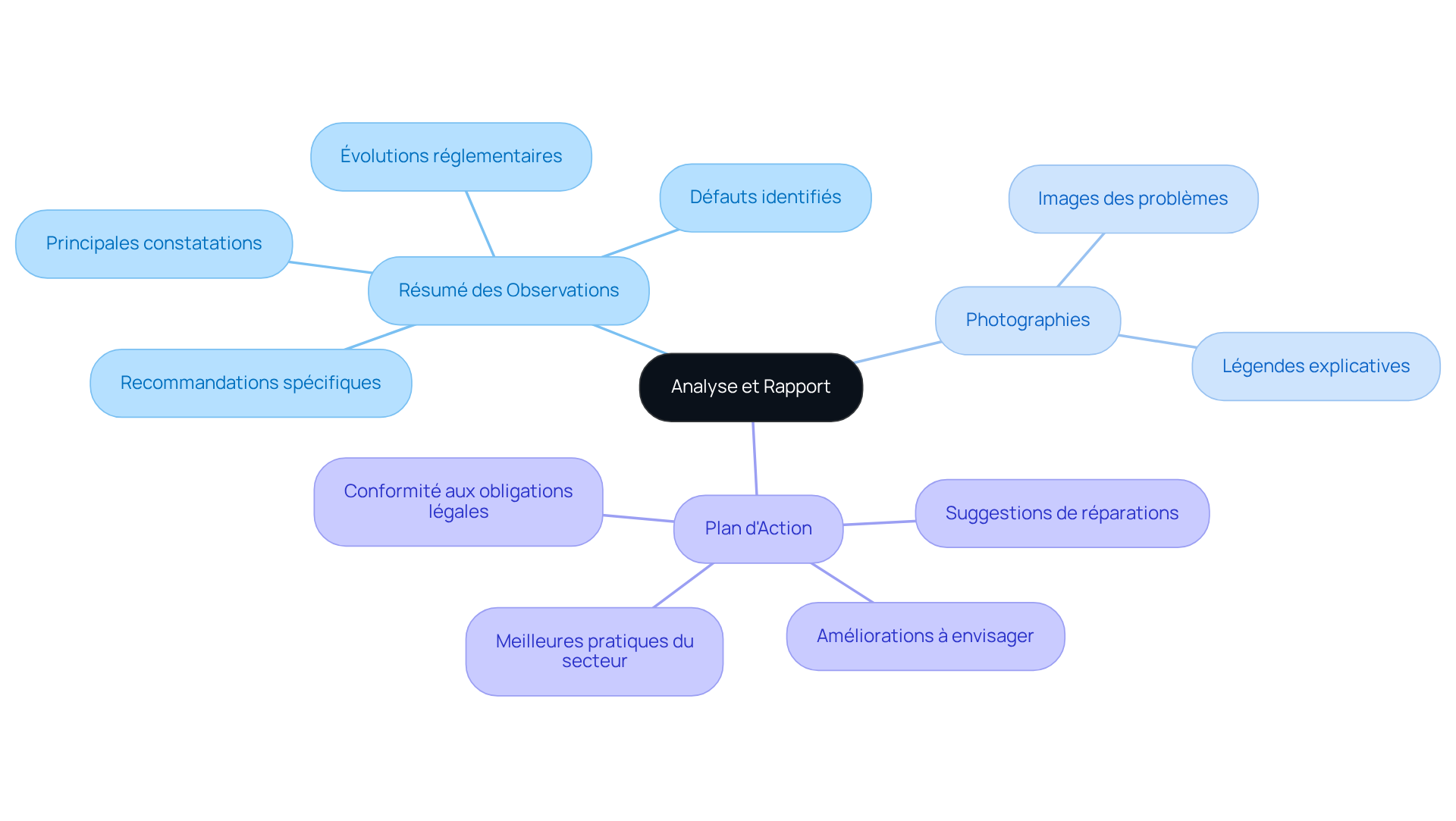 Le nœud central représente l'analyse et la rédaction du rapport, tandis que chaque branche détaille les sections essentielles à inclure. Suivez les branches pour comprendre comment chaque élément contribue au rapport final.