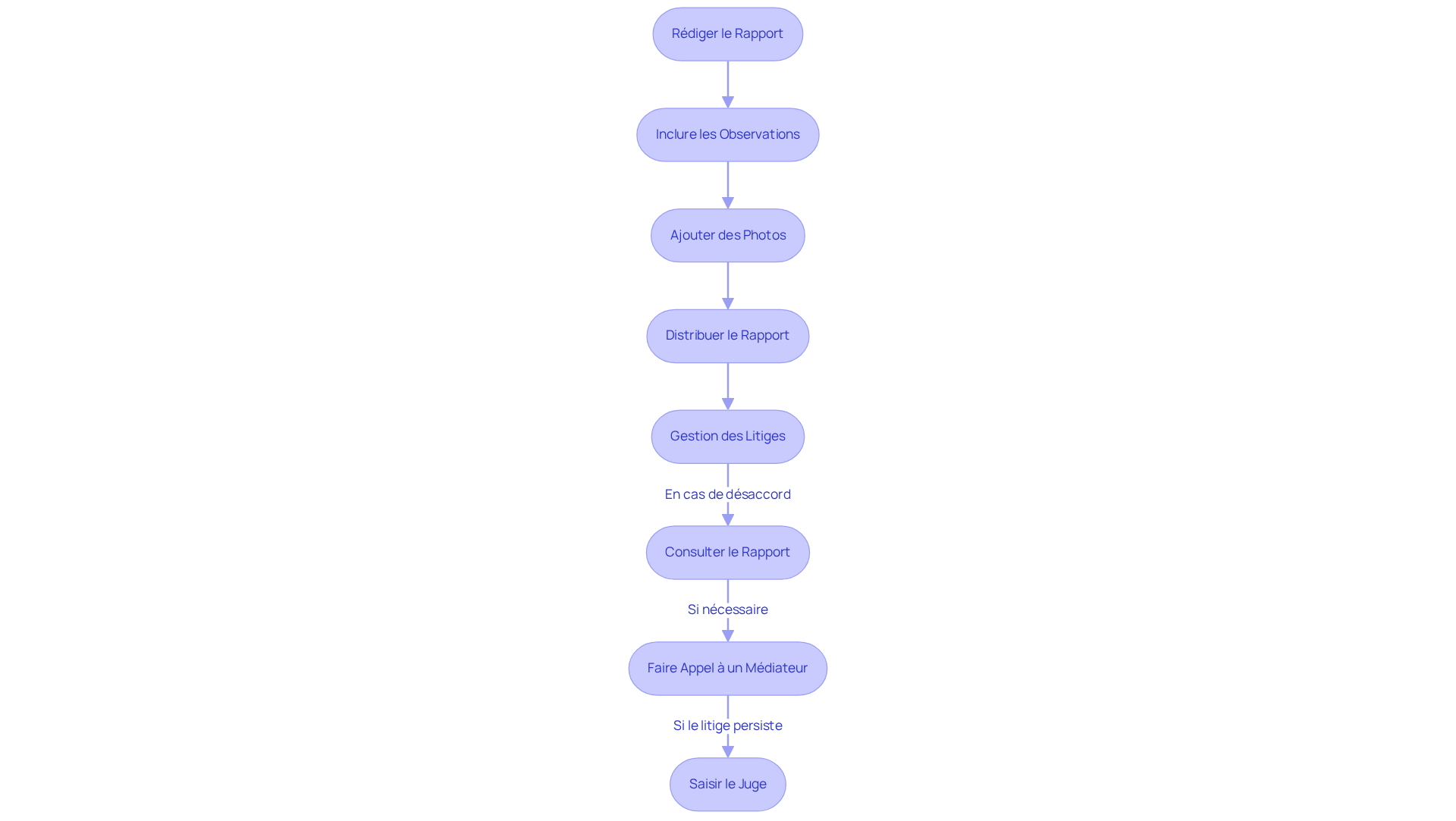 Chaque boîte représente une étape dans le processus de rédaction du rapport et de gestion des litiges. Suivez les flèches pour comprendre comment chaque étape mène à la suivante et quelles actions sont nécessaires en cas de désaccord.