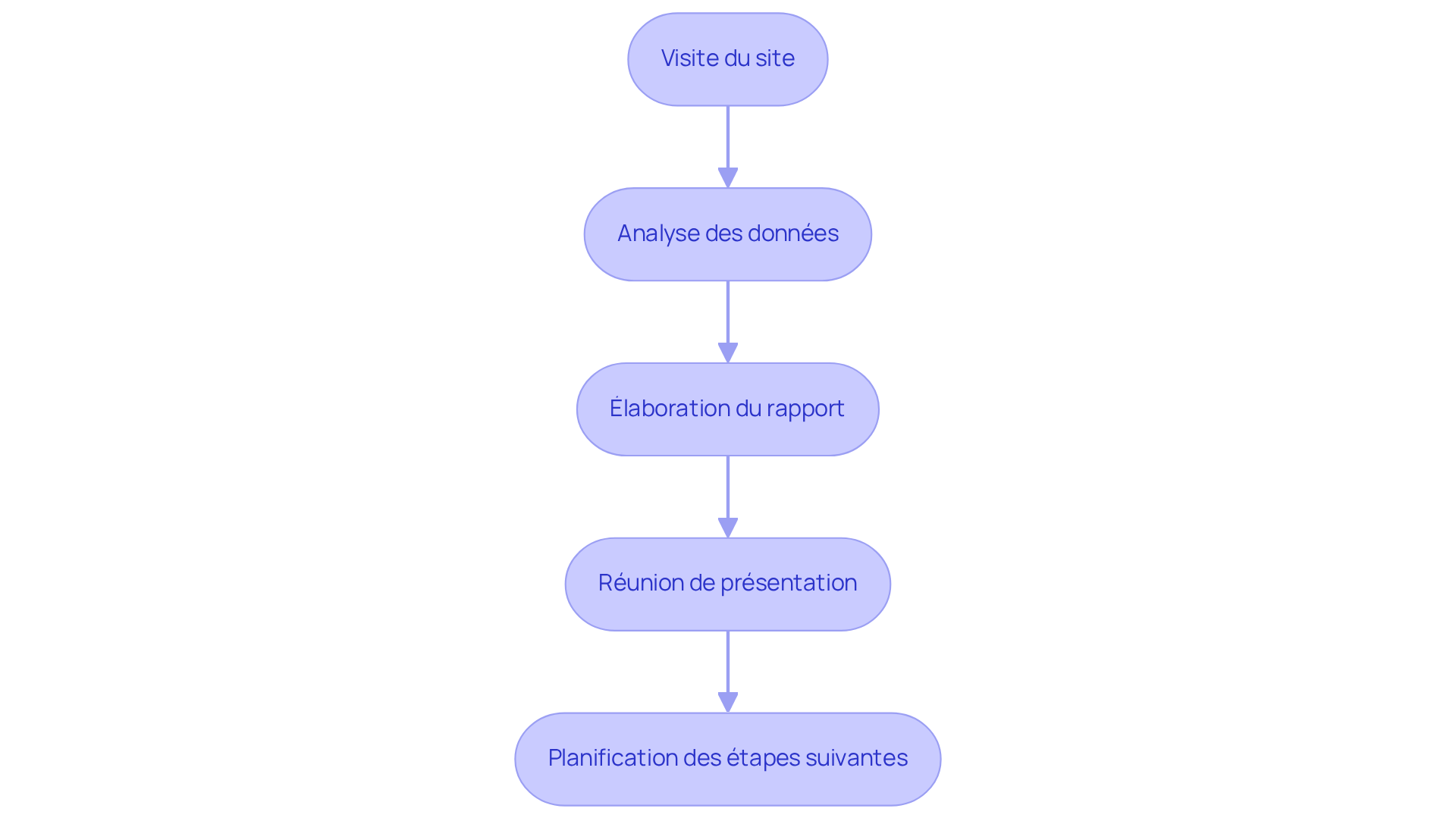 Chaque étape du processus est représentée par une boîte. Suivez les flèches pour voir comment chaque phase mène à la suivante, permettant une compréhension claire de la progression de l'audit.