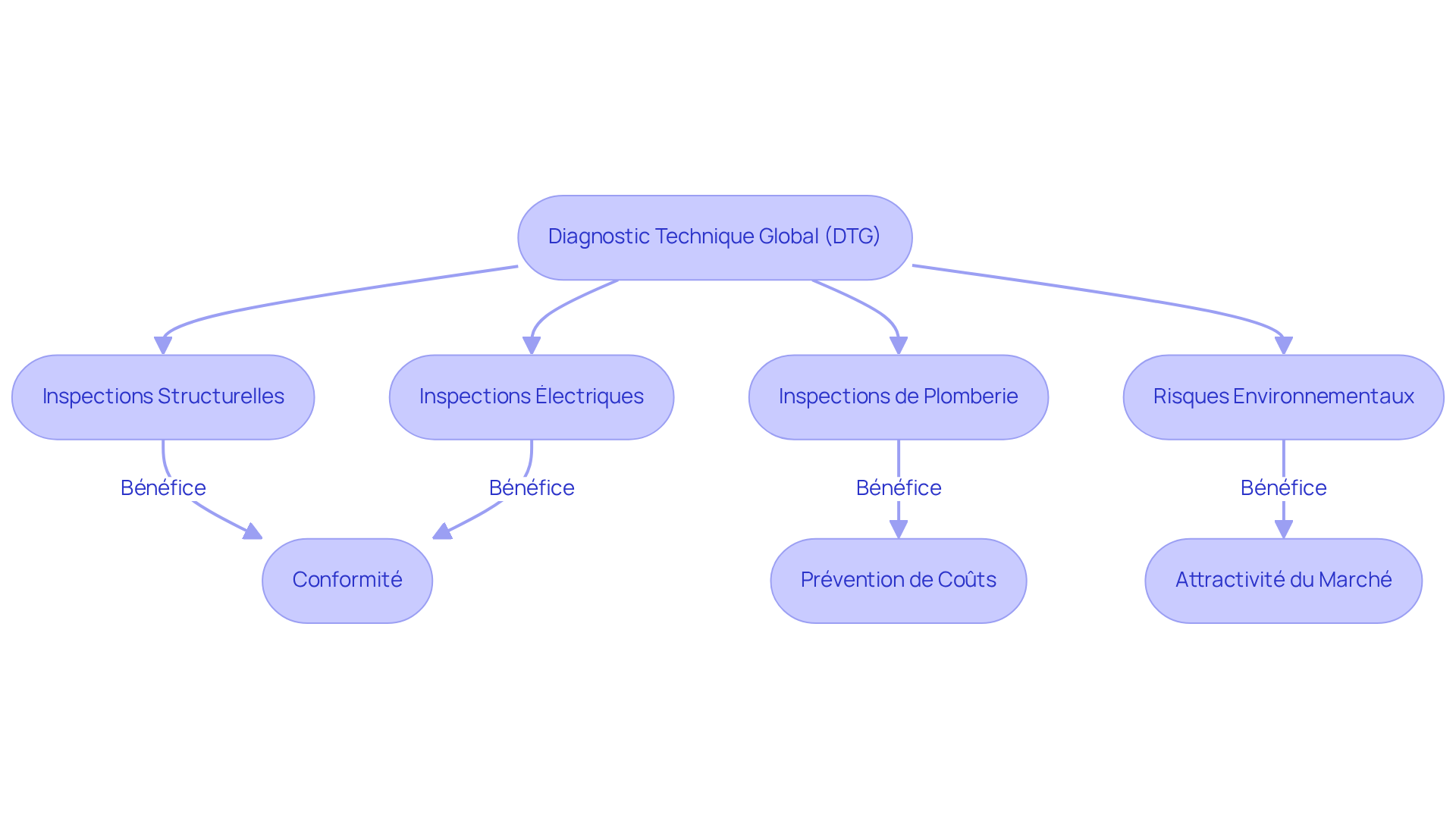 Chaque boîte représente une étape ou un aspect du DTG. Suivez les flèches pour comprendre comment chaque inspection contribue à la conformité et à la pérennité de votre bien immobilier.