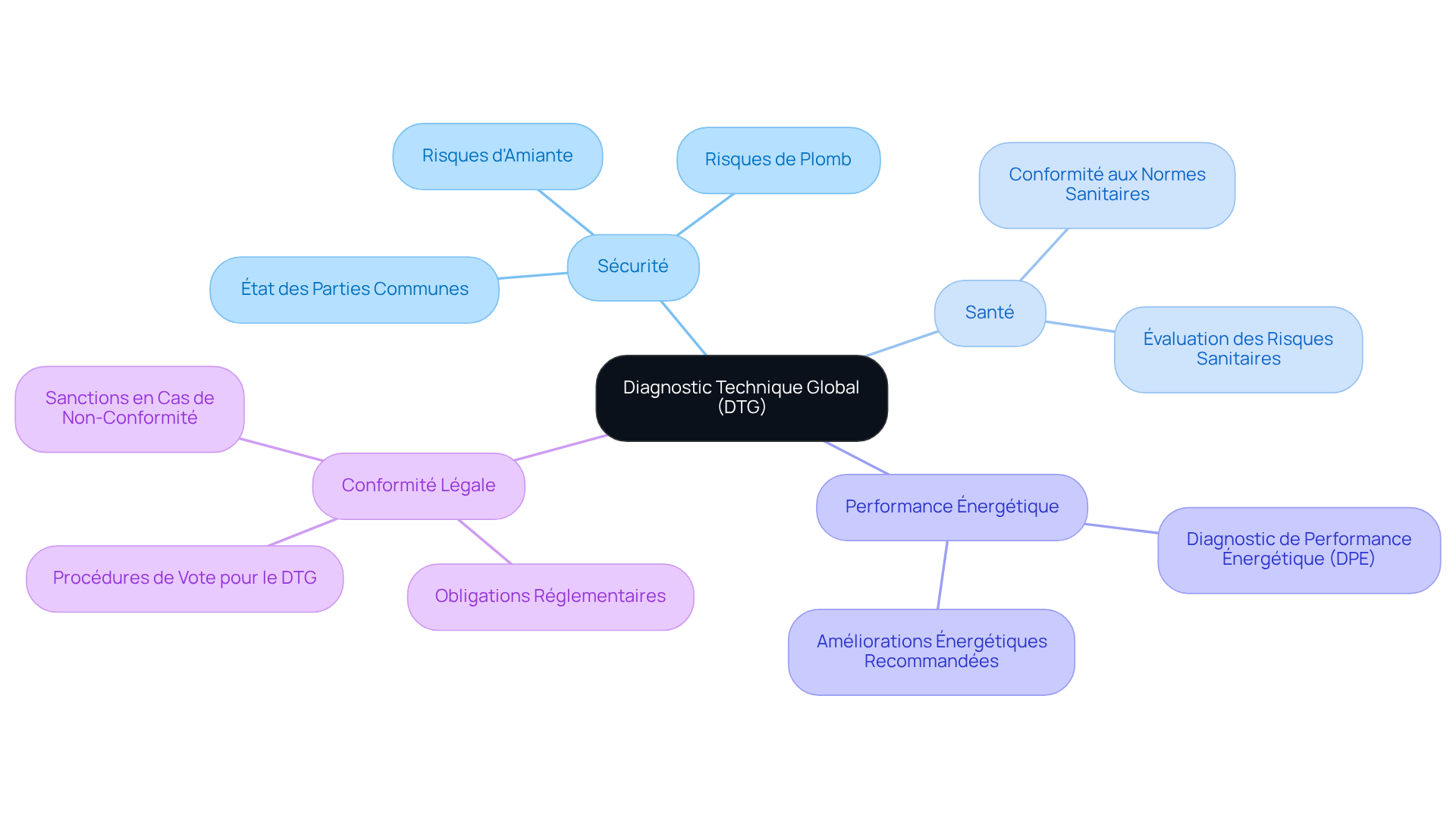 Le nœud central représente le DTG. Les branches principales illustrent les catégories clés à évaluer, tandis que les sous-branches détaillent les éléments spécifiques à prendre en compte pour chaque catégorie.