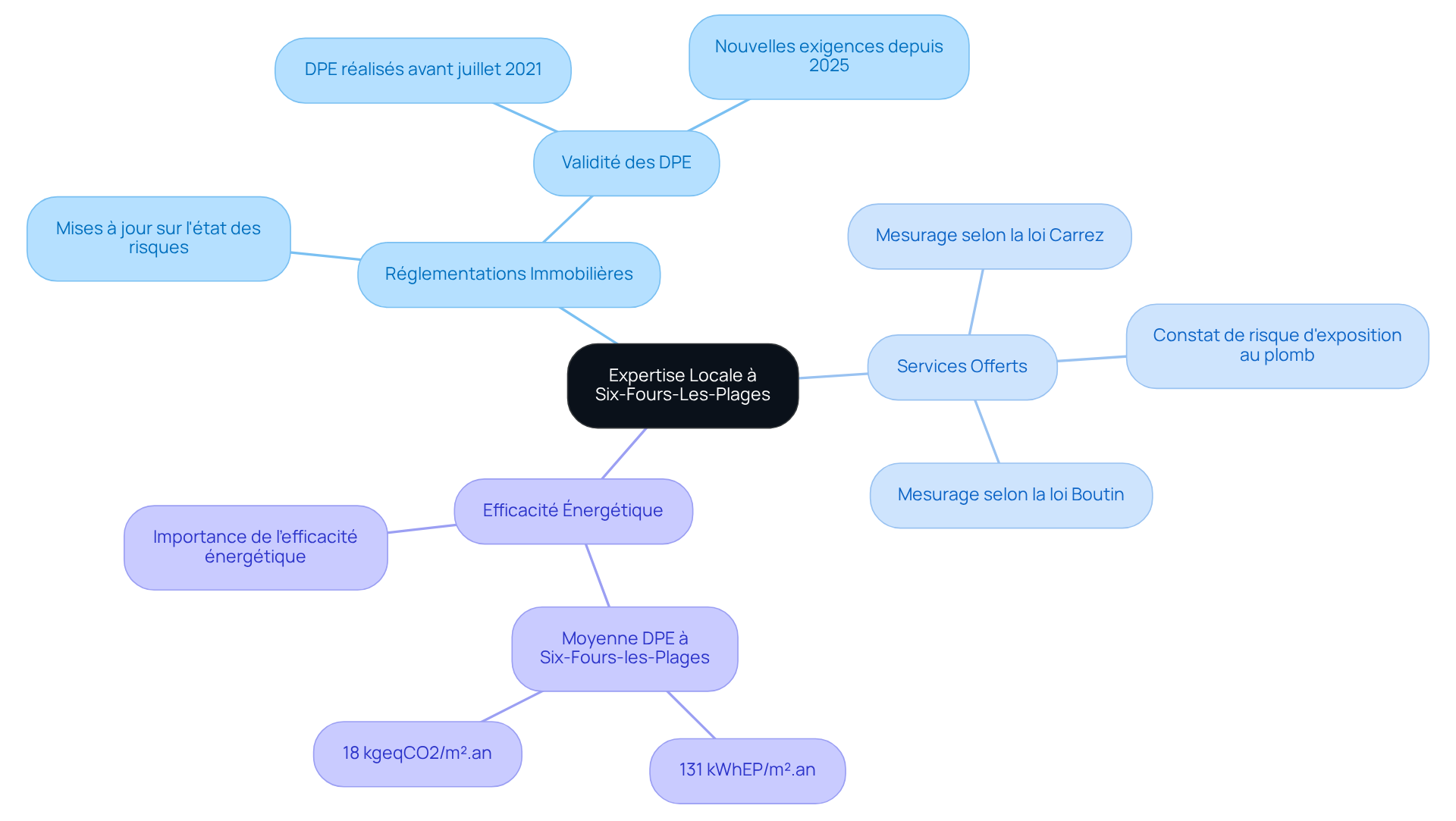 Le nœud central représente l'expertise locale, et chaque branche montre des aspects clés comme les réglementations, les services offerts et l'importance de l'efficacité énergétique. Suivez les branches pour explorer comment ces éléments sont interconnectés.