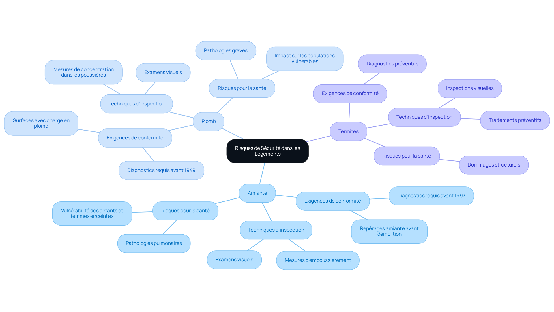 Le centre représente les risques généraux pour la sécurité, et chaque branche montre un risque spécifique avec ses détails associés. Par exemple, les techniques d'inspection sous chaque risque expliquent comment nous pouvons détecter ces dangers.