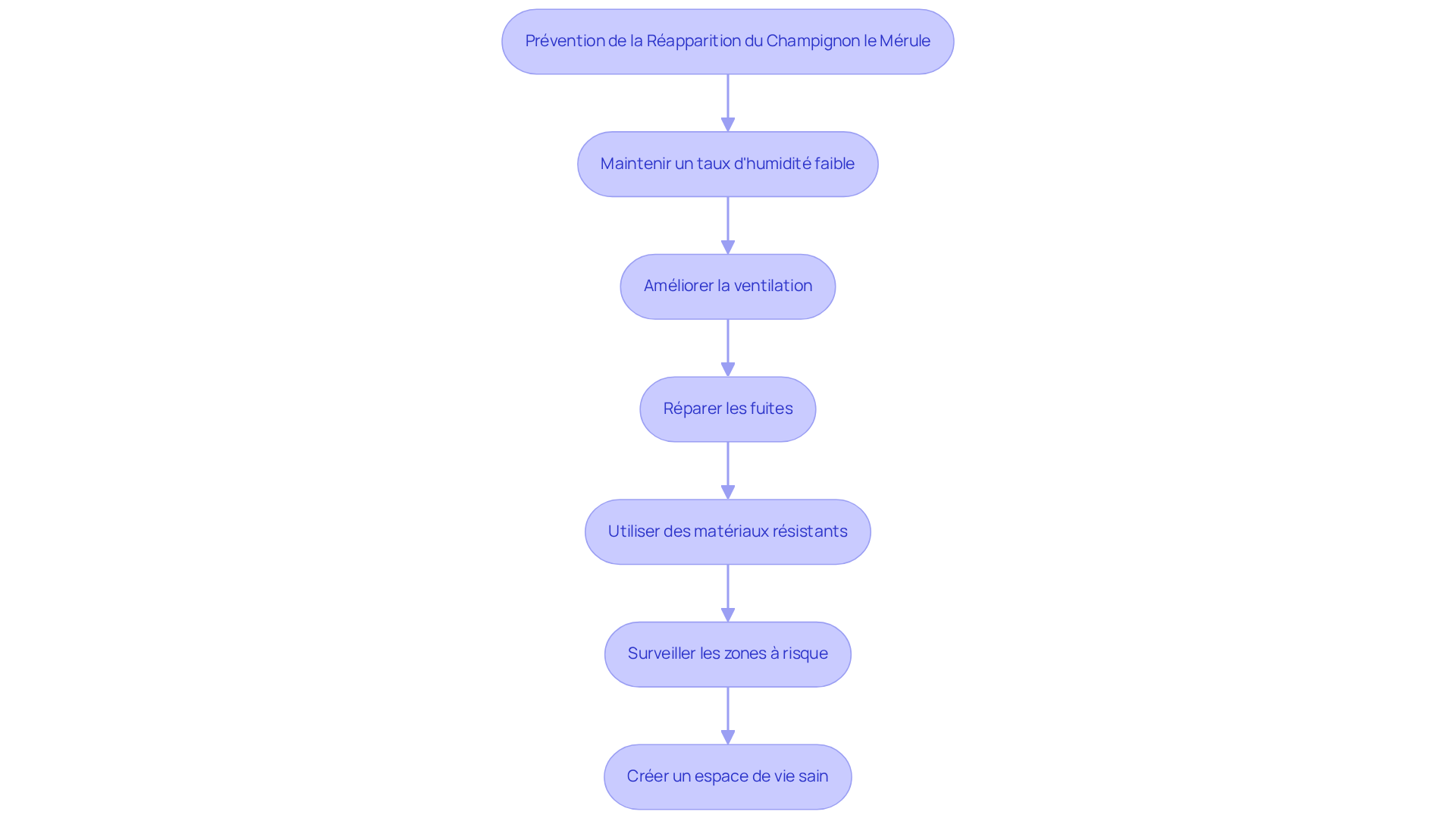 Chaque étape représente une action à entreprendre pour protéger votre maison contre le champignon le mérule. Suivez les flèches pour voir comment chaque action contribue à la prévention globale. Chaque étape représente une action à entreprendre pour protéger votre maison contre le champignon le mérule. Suivez les flèches pour voir comment chaque action contribue à la prévention globale.