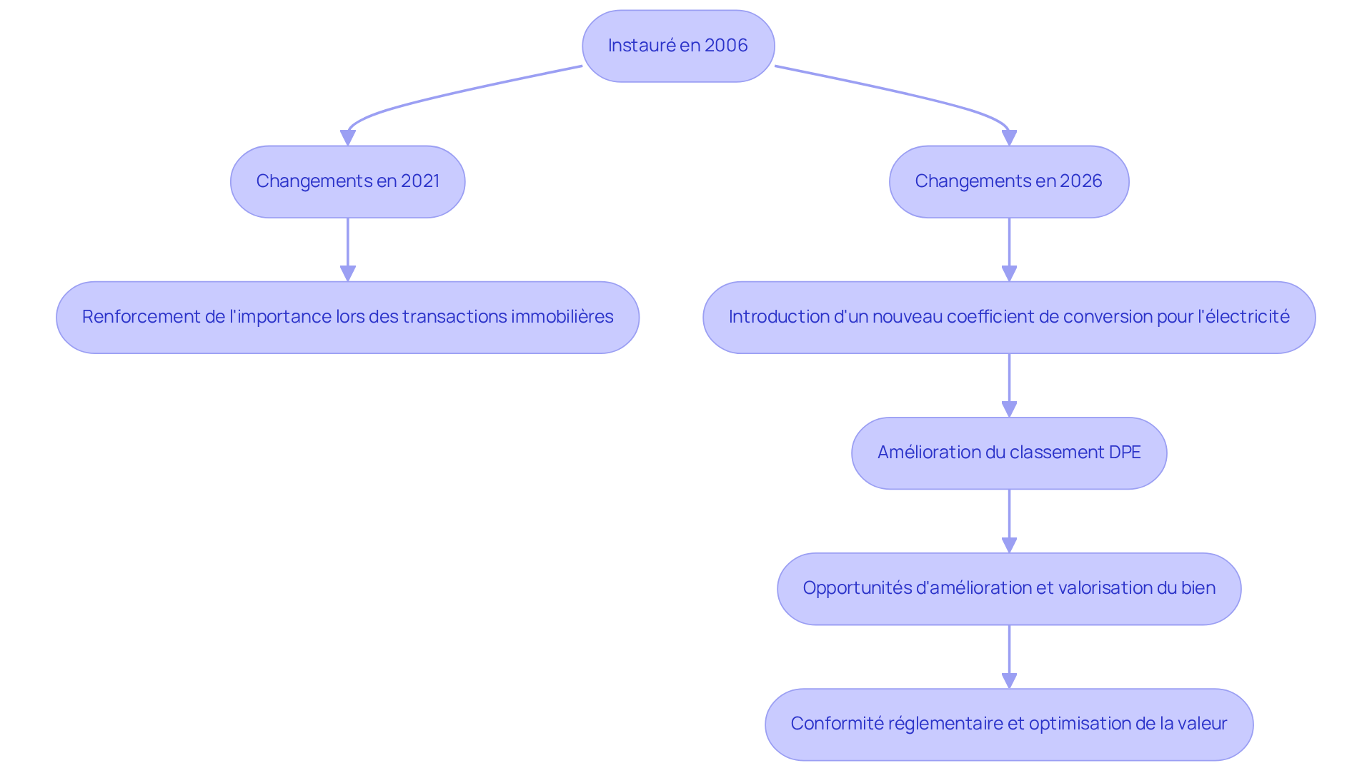 Chaque étape du flowchart représente un moment clé dans l'évolution du DPE. Suivez les flèches pour voir comment le DPE a changé au fil des ans et quelles révisions ont été apportées pour aider les propriétaires. Chaque étape du flowchart représente un moment clé dans l'évolution du DPE. Suivez les flèches pour voir comment le DPE a changé au fil des ans et quelles révisions ont été apportées pour aider les propriétaires.