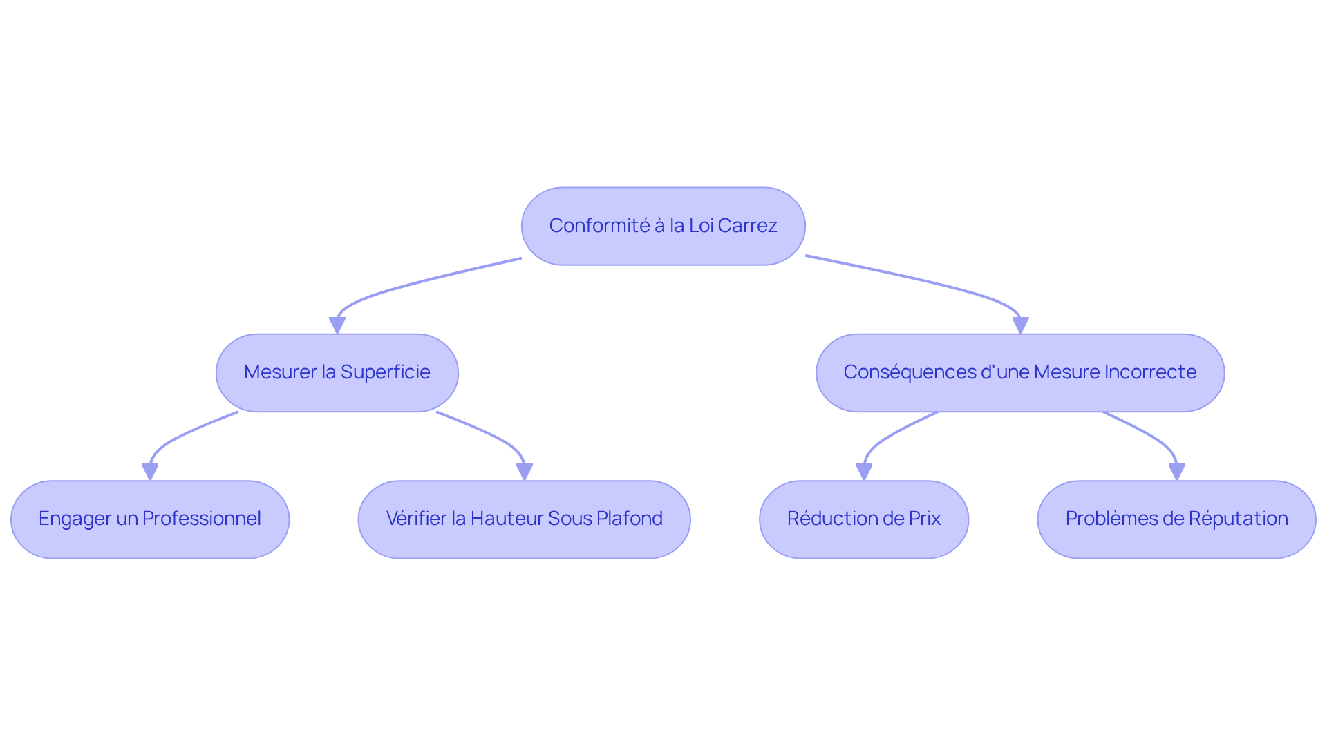 Ce flowchart montre les étapes à suivre pour respecter la loi Carrez et les conséquences d'une mesure incorrecte. Suivez les flèches pour comprendre comment chaque étape mène à des résultats spécifiques. Ce flowchart montre les étapes à suivre pour respecter la loi Carrez et les conséquences d'une mesure incorrecte. Suivez les flèches pour comprendre comment chaque étape mène à des résultats spécifiques.